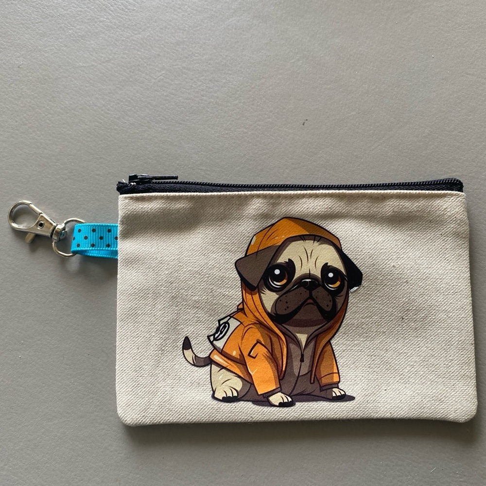 Cute Pug Canvas Pouch with Zipper lobster clasp